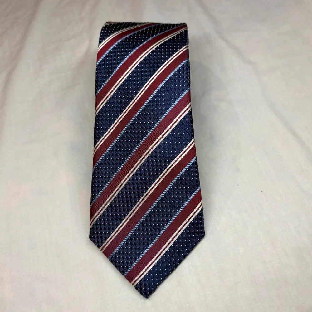 Canali 1934 Mens Silk Necktie Navy Blue Burgundy White Striped Made in Italy - Picture 1 of 5
